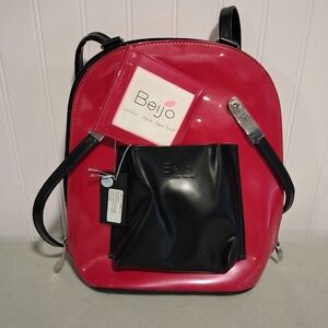 Beijo Red Patent Backpack Purse Black Trim Card Holder & Pouch NWT 10"
